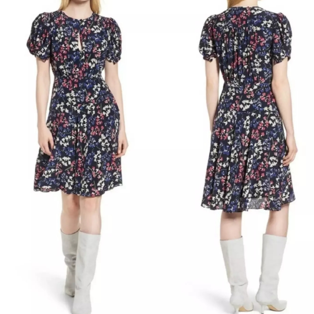 Lewit Puff Sleeve  💯%s silk A-Line Blue Floral Dress  Size 10 watercolor